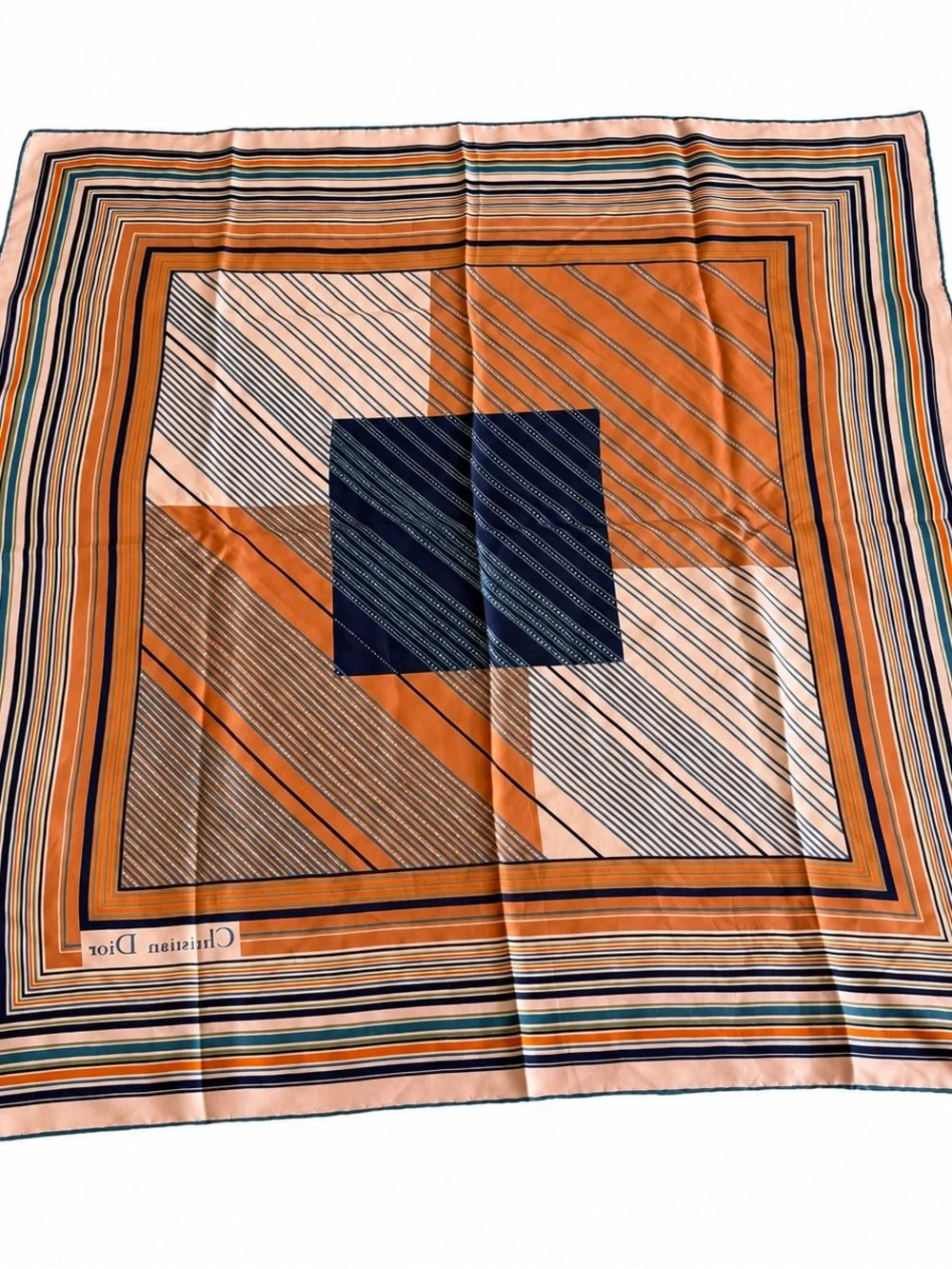 CHRISTIAN DIOR Square silk scarf orange, blue and white stripes graphic print